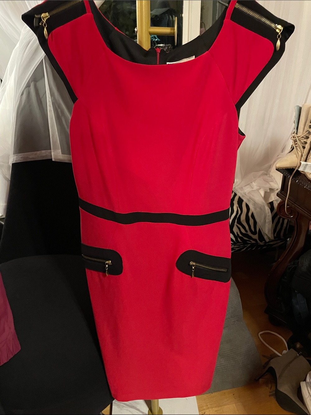 Joseph Ribkoff Red and Black Sheath Dress with Zip Pocket Accents